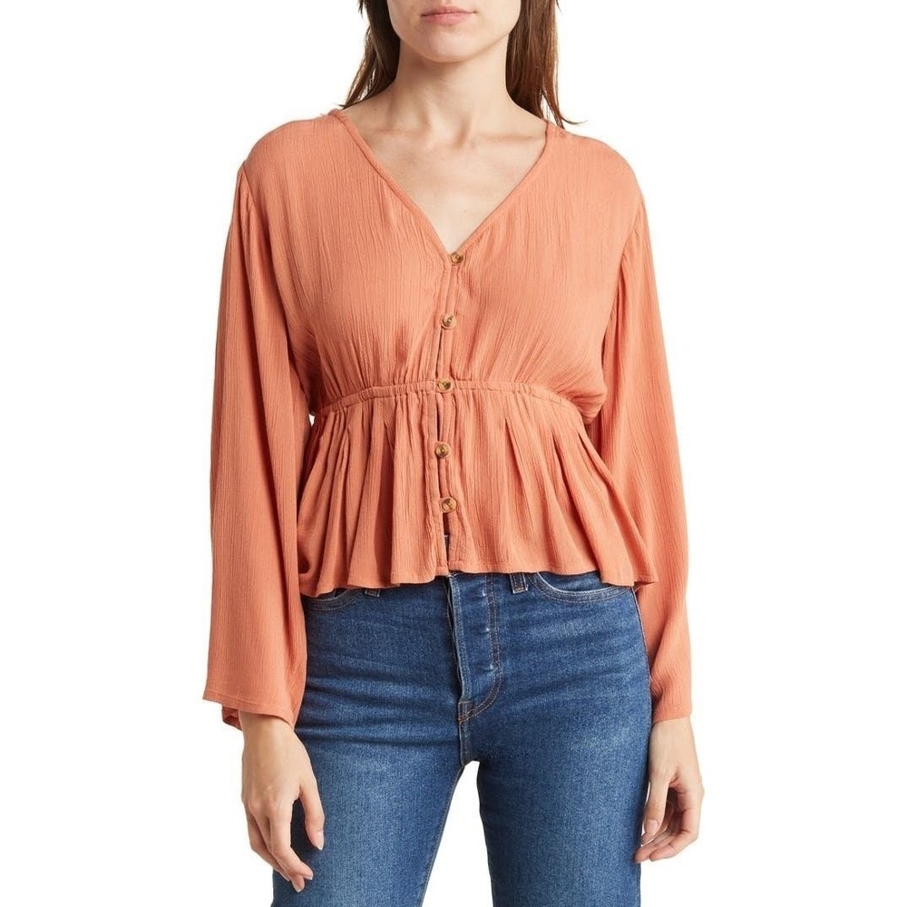 O'Neill Boho Coastal Women Large Top Sienna Orange Peplum Bell Sleeve 70s